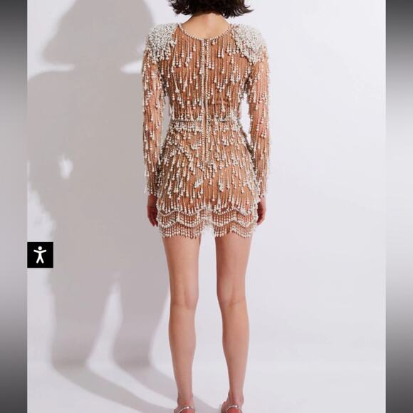 NWOT Patbo FULLY BEADED PEARL CUT-OUT Long Sleeve illusion COCKTAIL DRESS sz 2 - Picture 4 of 9